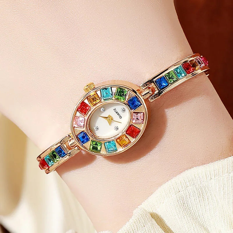 Dropshipping Women Quartz Watches New Fashion Rainbow Rhinestone Strap Oval Dial Bracelet Watch Wholesale Wristwatches Reloj