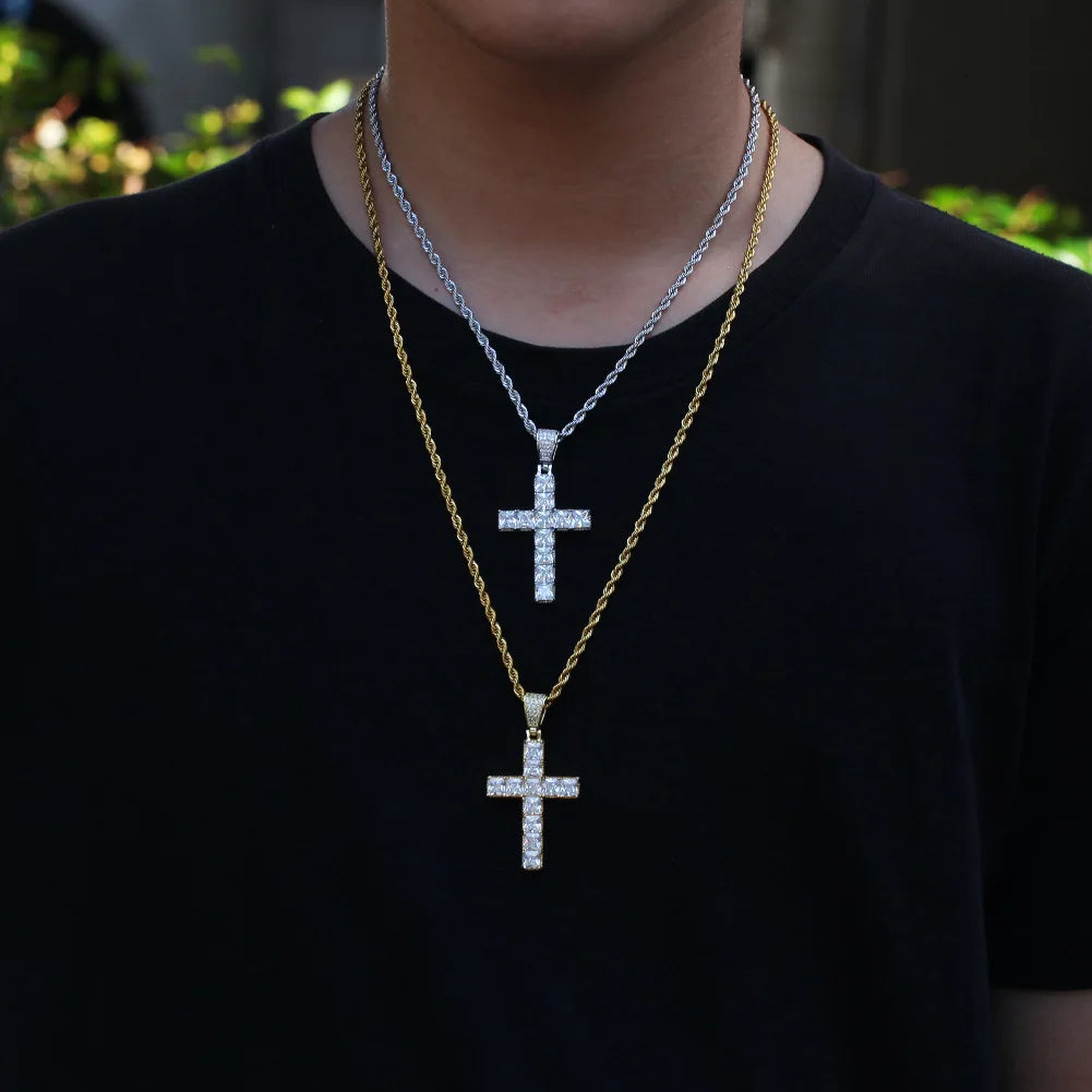 Cross Iced Out Pendant Necklace For Men Hip Hop Delicate Gold Color Cuban Rope Rapper Homme Chain on Neck Accessories OHP145