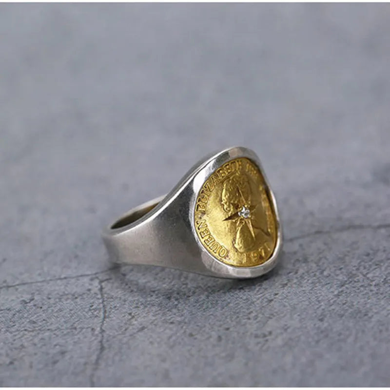 Creative Handmade Coin Open Ring Fashion Trend Elizabeth Brass Coin Adjustable Ring Women Jewelry Gift