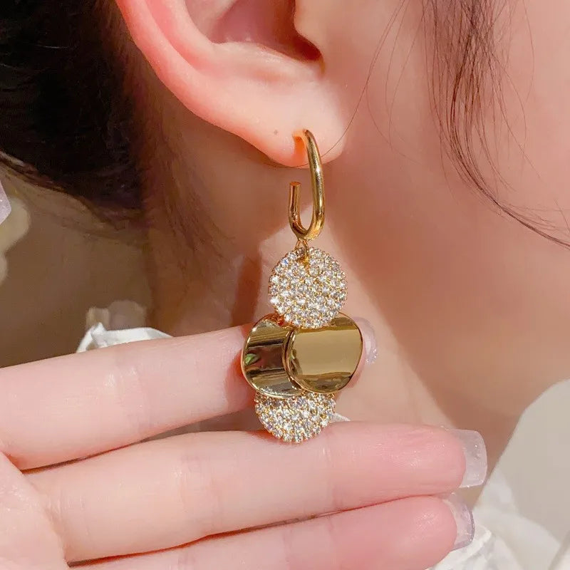 Temperament Geometric Stainless Steel Round Dangle Earrings for Women New Fashion Luxury Crystal Zircon Pendant Jewelry Gifts