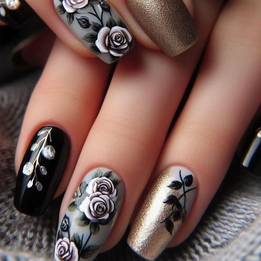 24Pcs Sweet Cool Coffin Fake Nails Butterfly Flower Acrylic Nail Glitter Glossy False Nail Full Cover Autumn Press on Nails Tips