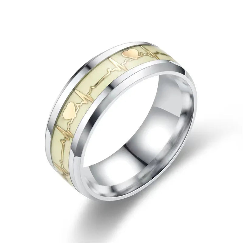 Fashion Love Heart Glow Rings ECG Luminous Titanium Steel Teenager Heartbeat Fluorescence Couple Rings for Boys Girls Gifts
