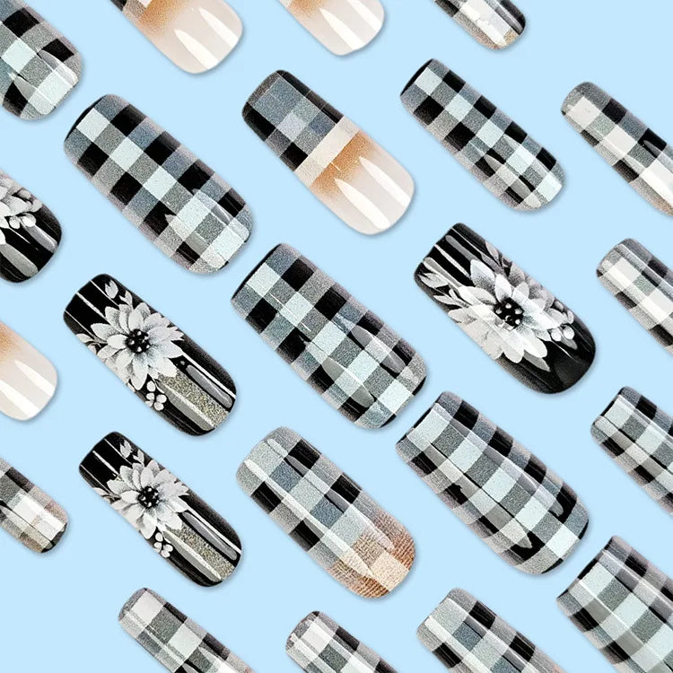 24Pcs Set Vintage False Nails with Glue Flower Checkered Press on Nails French Acrylic Nail Short Square Fake Nails Sweet Cool