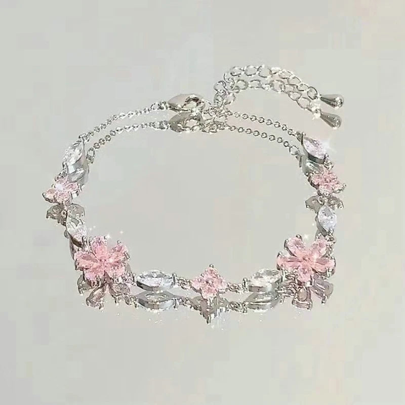 Elegant Fairy Pink Crystal Zircon Sakura Flowers Bracelet for Women Y2K Sweet Girls Cherry Blossom Moon Bow Knot Jewelry Gifts