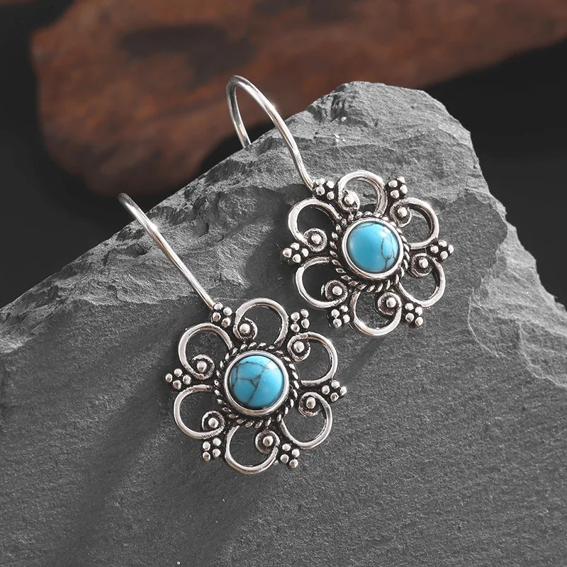 Beautifully Inlaid Blue Turquoise Flower Hypoallergenic Earrings for Women Stylish Elegant Banquet Jewelry