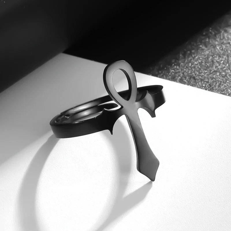 Stainless Steel Ankh Cross Ring Vintage Egyptian Life Key Protection Symbol Amulet Jewelry Men Women