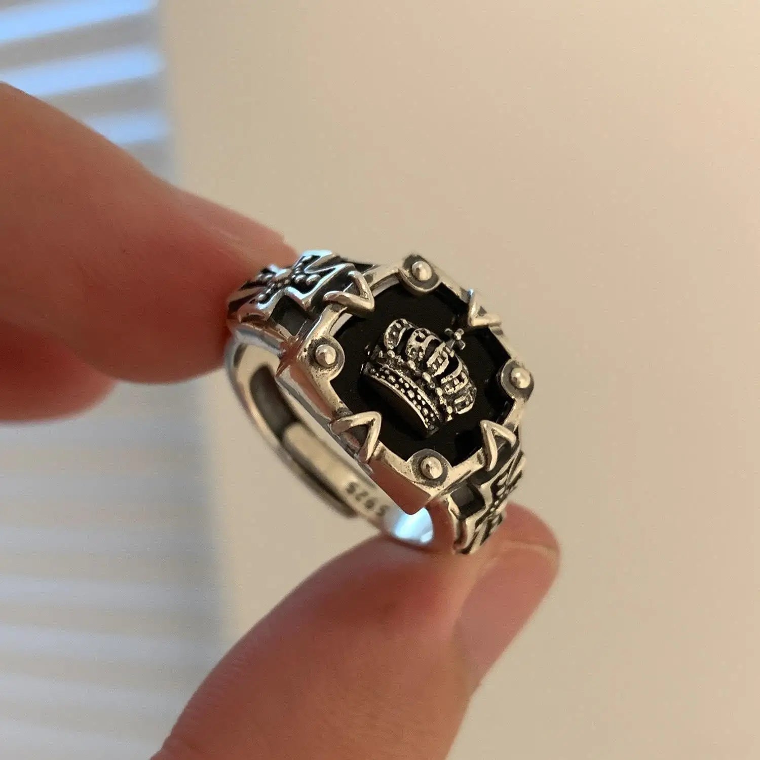 Best Sellers! Retro S925 Thai Silver, Crown Hip Hop Heavy Industry Dark Open Ring