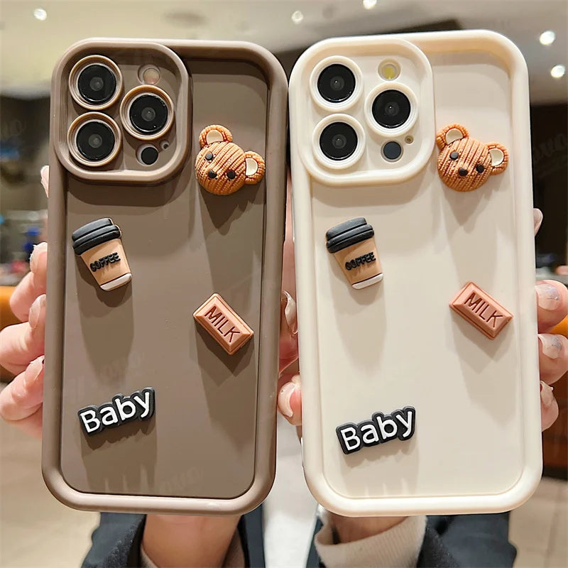Coffee Bear Shockproof Soft Phone Case For iPhone 15 14 13 12 11 Pro Max X XR 7 8 Plus Candy Liquid Silicone Bumper Back Cover