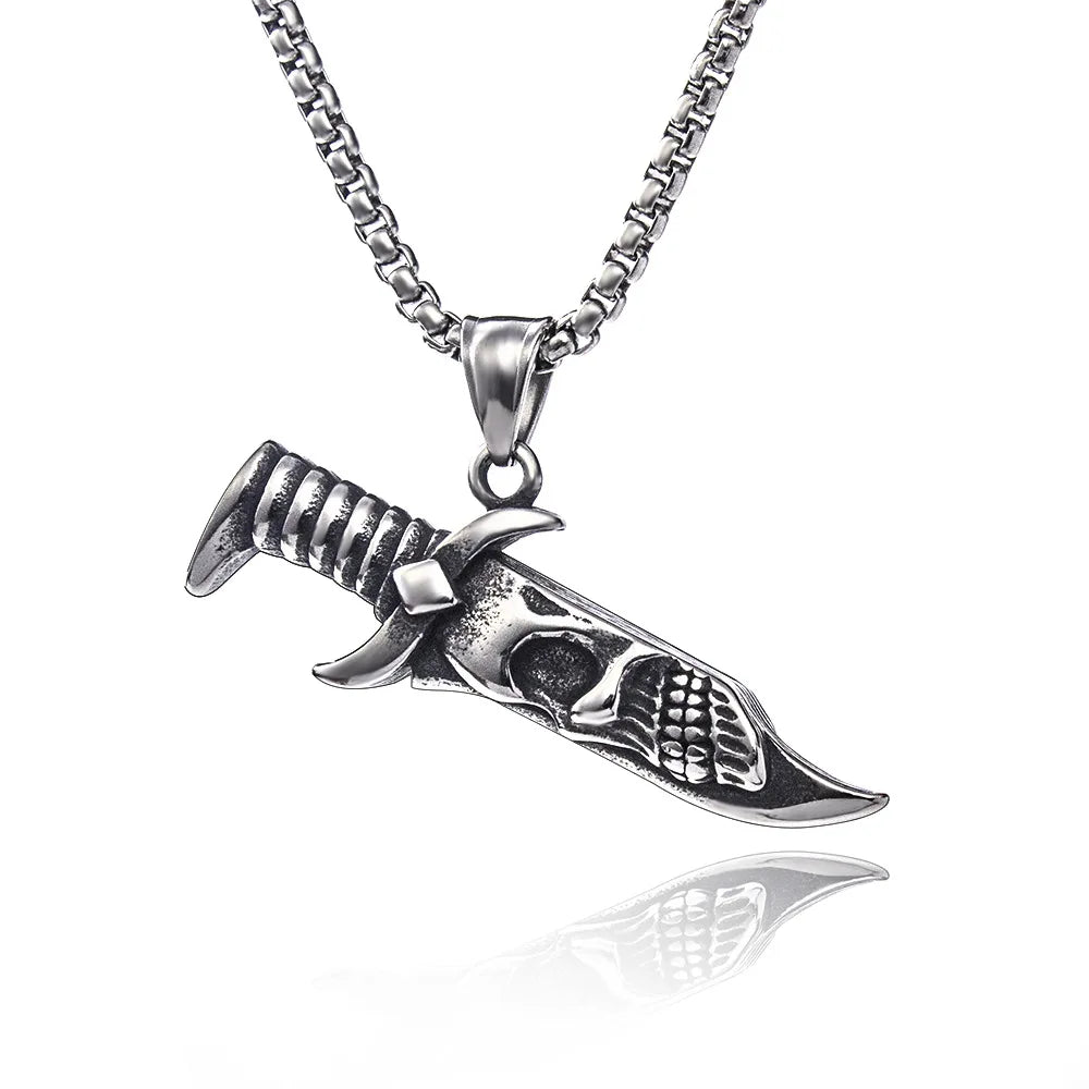 Men's Necklace Stainless Steel Dagger Skull Pendant Vintage hip-hop Jewelry Silver Color Male Neck Chain Punk Jewelry Wholesale