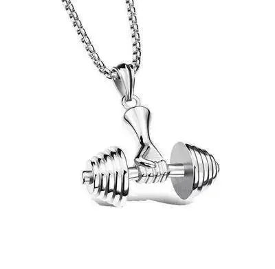 Cool Titanium Steel Dumbbell Pendant Necklace Barbell Fitness Pendant Men and Women Leisure Sports Punk Jewelry