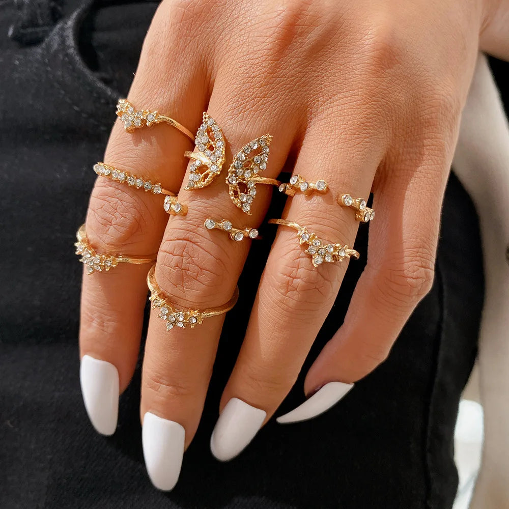 Vintage Korean Gold Silver Color Pearl Rings Set Jewelry For  Girls Butterfly Hollow Heart  Ring For Women Accessories