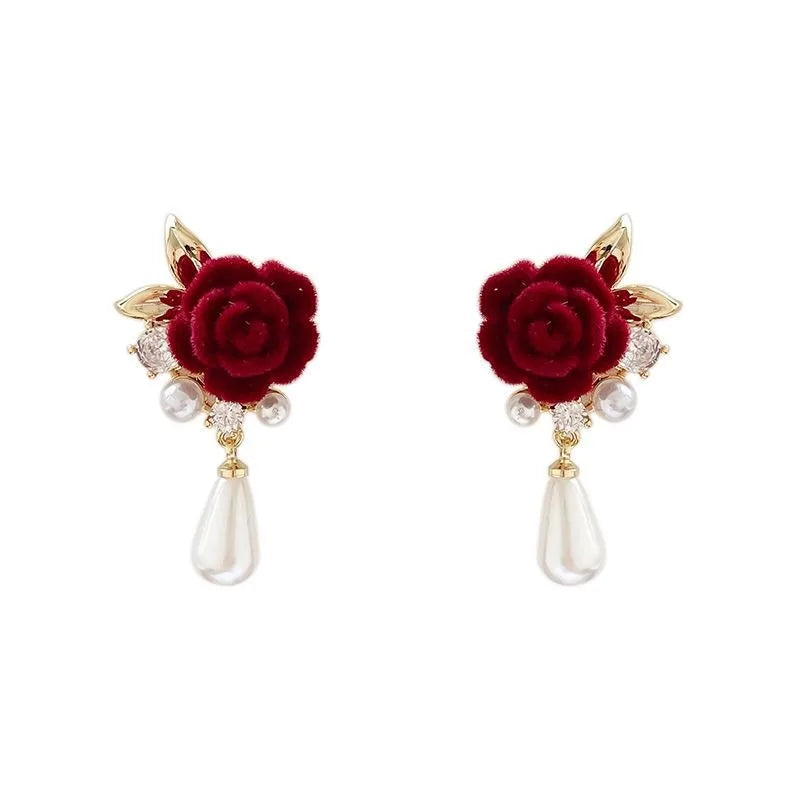 New Wine Red Velvet Rose Pearl Earrings for Women Vintage Red Rose Elegant High-end Studs Earrings Jewelry Accessories серьги