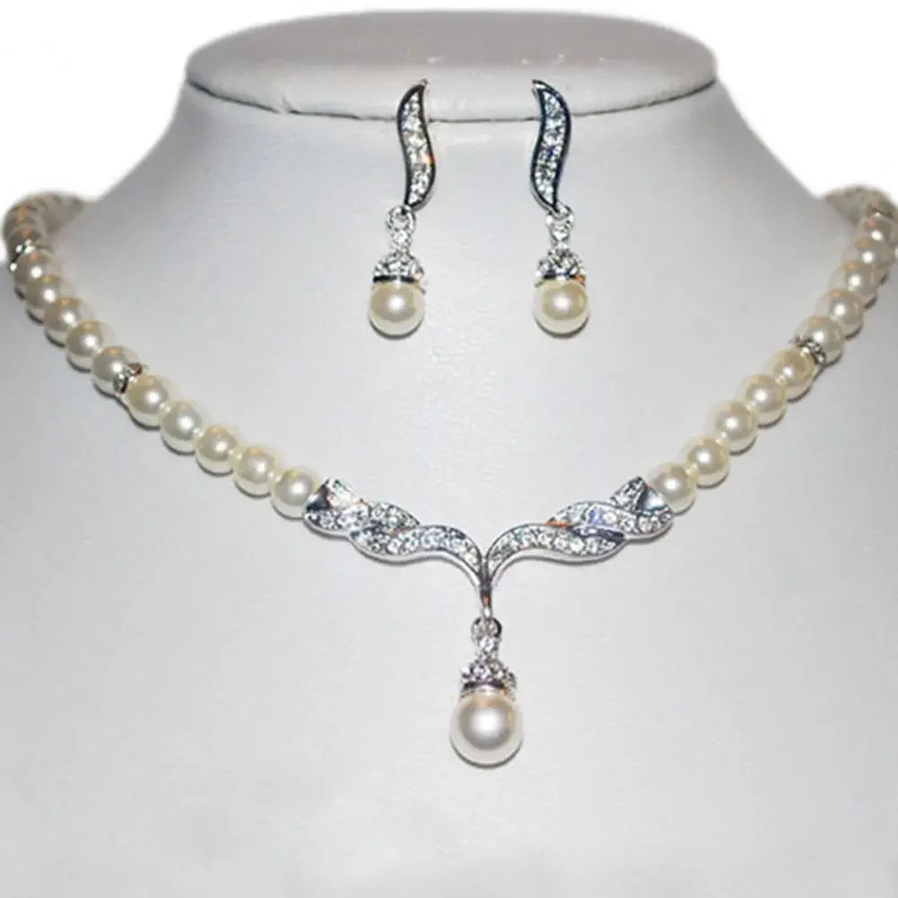 Necklace Earrings Women Jewelry Set Faux Pearl Bridal Wedding Alloy Party Studs Necklace Earrings Set Gifts