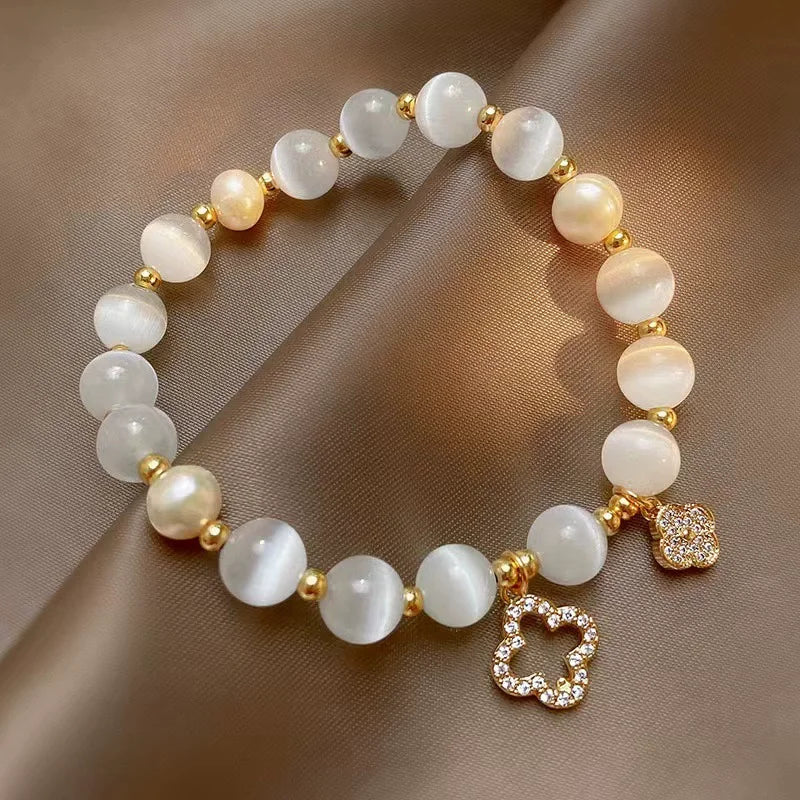 Fashion Zircon Bracelet for Women Elastic Cat's Eye Stone Bracelet  Pearl  Elastic Bracelets Fashion Jewelry Charm Gift