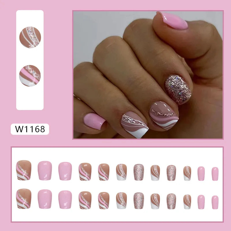 Sweet French 24 Pcs Press on Nails Pink Gradient Fake Nails Glossy Artificial Finger Manicure Reusable False Nails for Women