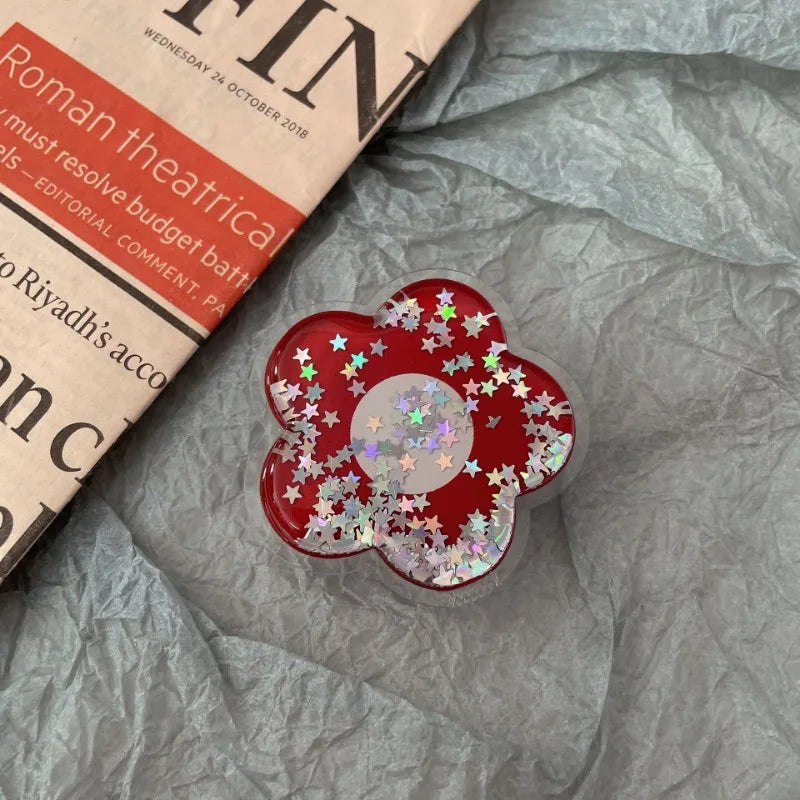 Cartoon Glitter Flowers Liquid Quicksand Phone Grip Stand Holder For iPhone Samsung Huawei Xiaomi Universal Finger Ring Bracket