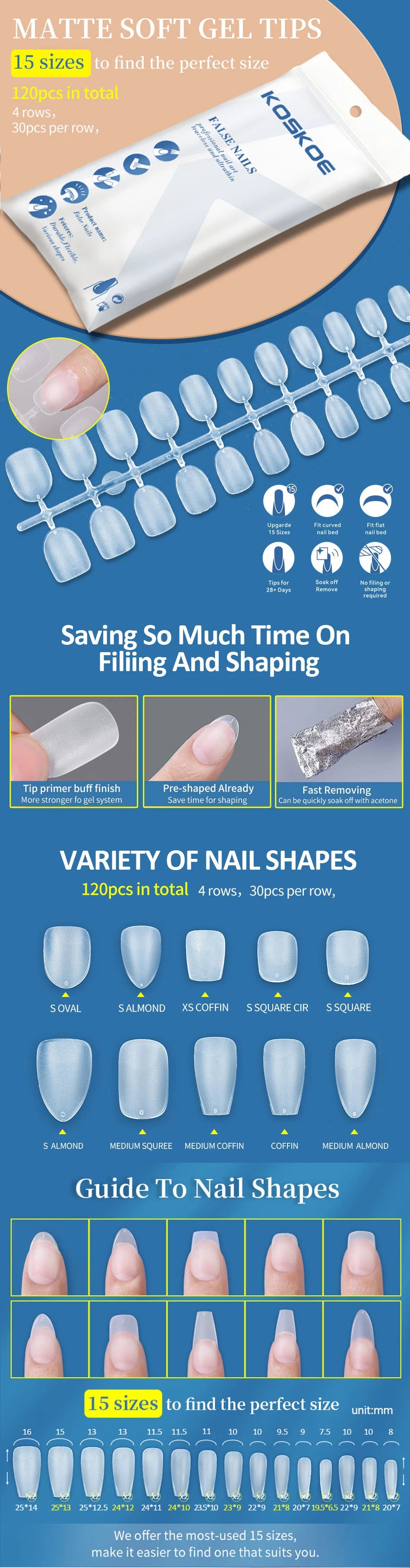120PCS Matte Fake Nails Capsules Almond Coffin T Shape Full Cover False Nails Frosted Artificial Nail Soft Gel Tips Manicure Nai