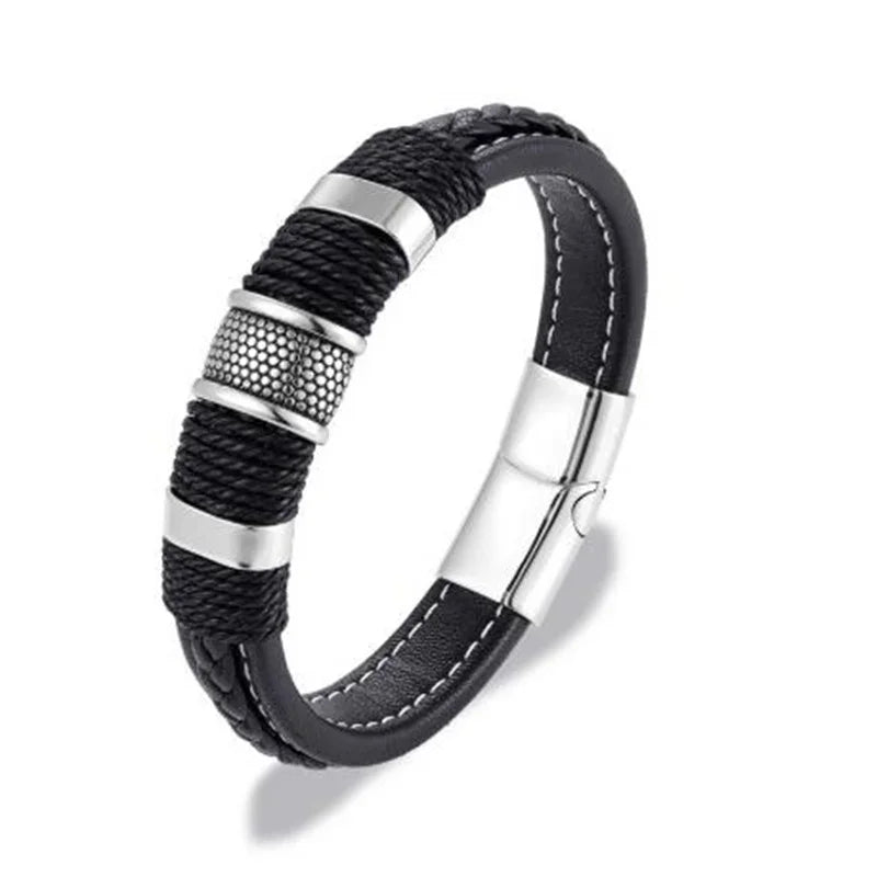 Men\\\\'s Classic Black Leather Bracelet Metal Magnetic Buckle Fashion Bracelet Jewelry Casual Daily All-Match Jewelry