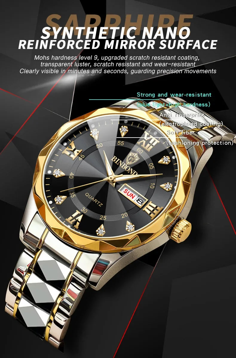 BINBOND B2521 Fashion Casual Business Quartz Men Watches 30M Waterproof Week Date Clock Sport Mens Wristwatch Relogio Masculino