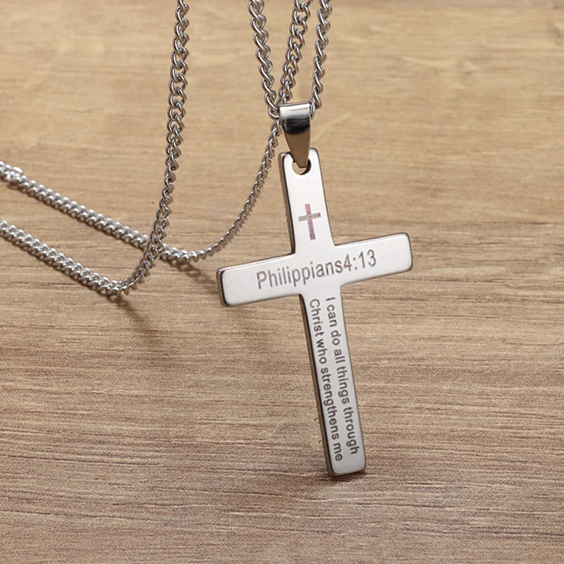 Philippians 4:13 Men\\\'s Simple Cross Pendant Necklace Stainless Steel Religious Amulet Jewelry Unisex Bijoux