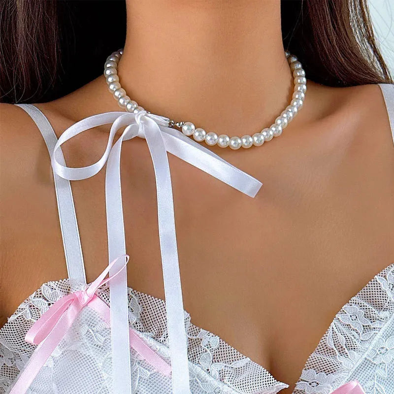 New Korean Romantic Imitation Pearl Beaded Choker Fashion Black Velvet Adjustable Bow Necklace Banquet Wedding Jewelry