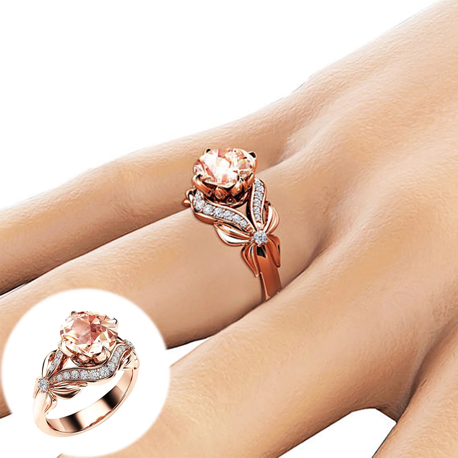 Dazzling Rose Gold Color Metal Flower Round Rose Stone Ring Luxury Party Engagement Wedding Rings for Women Jewelry
