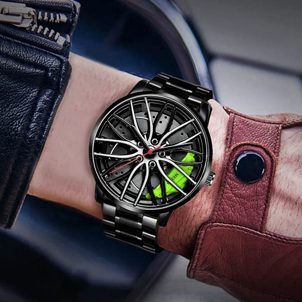 Car Watches for Men Stainless Steel Quartz Wrist Watch Sports Men Watches with Car Wheel Rim Hub Design Reloj Hombre
