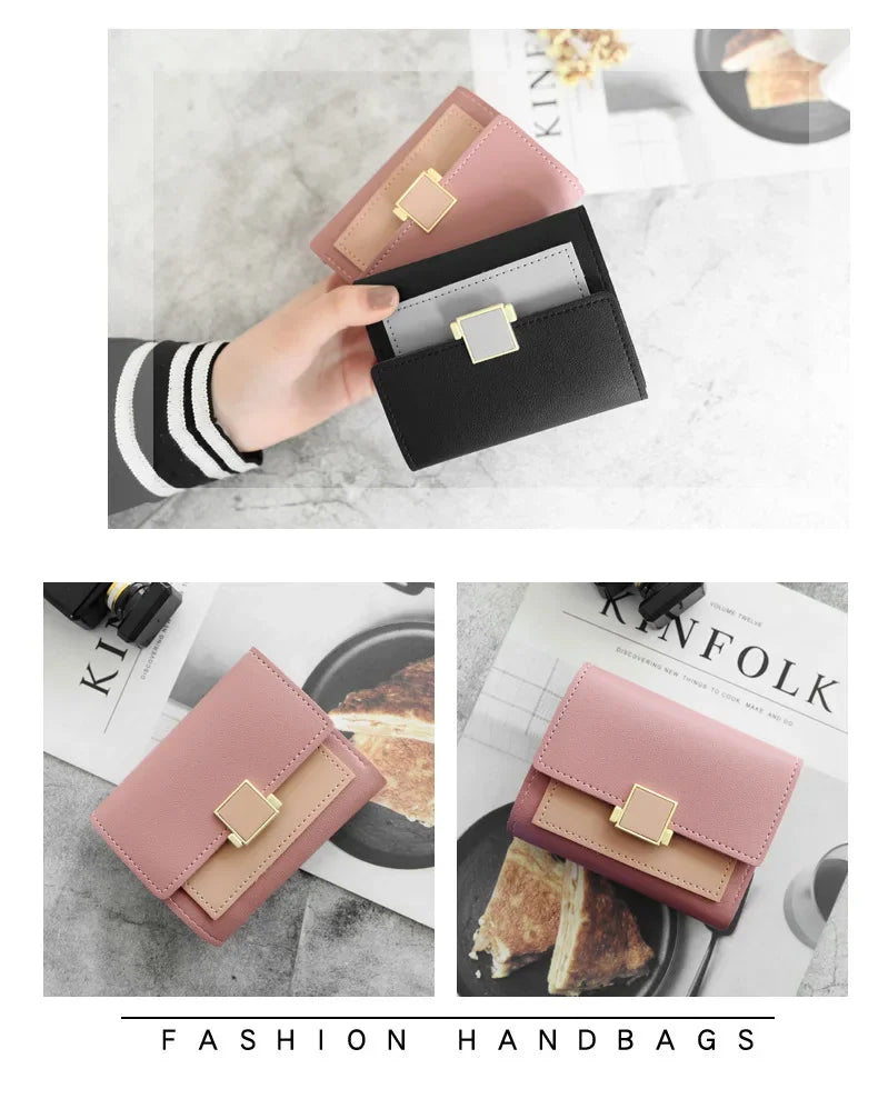Patchwork Short Women's Wallet Fashion Square Clutch Money Credit Multiple Card Holders Metal Buckle Tri-Fold Ladies Coin Purse