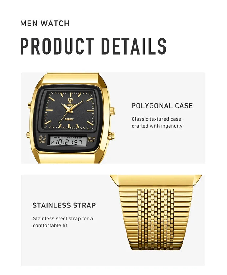 New Golden Steel Strap Quartz Sport Watch Mens Dual Time Week Display Digital Wristwatches Waterproof Clock Reloj Hombre