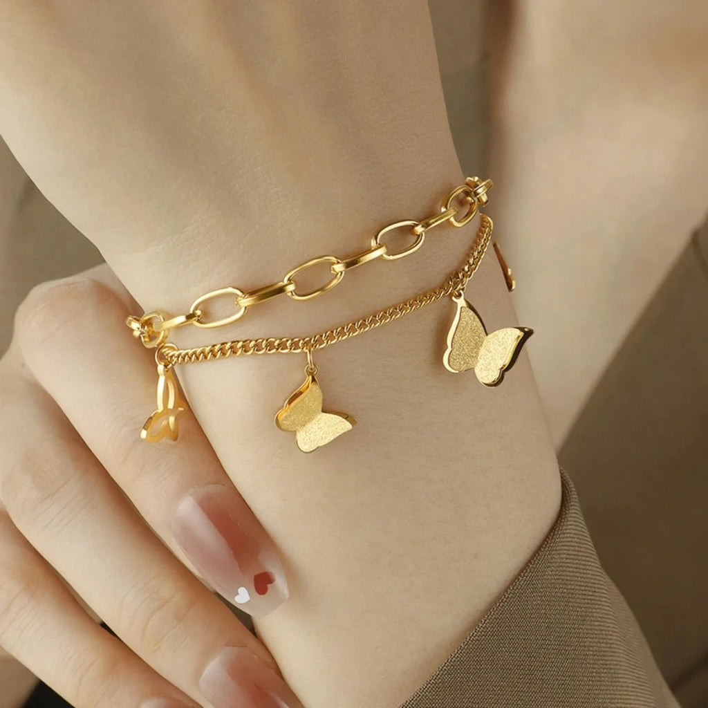 Stainless Steel Double Layer Butterfly Bracelet For Women Girls Gold Color Non-fading Hand Chain New Trendy Party Jewelry Gifts