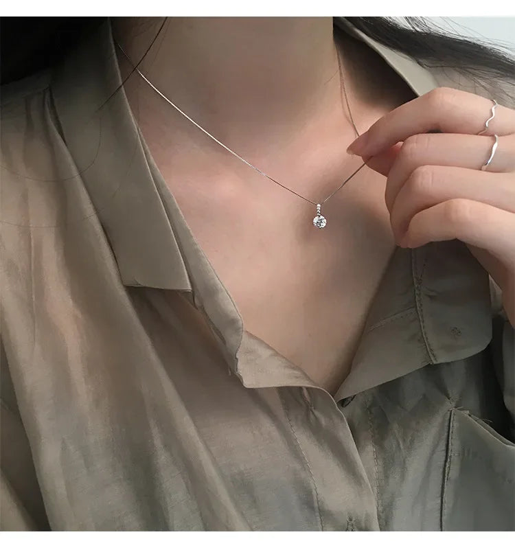 Fashion 925 Sterling Silver Round Zircon Necklace Minimalist Style Charm Choker Pendant Party Gift for Women's Fine Jewelry