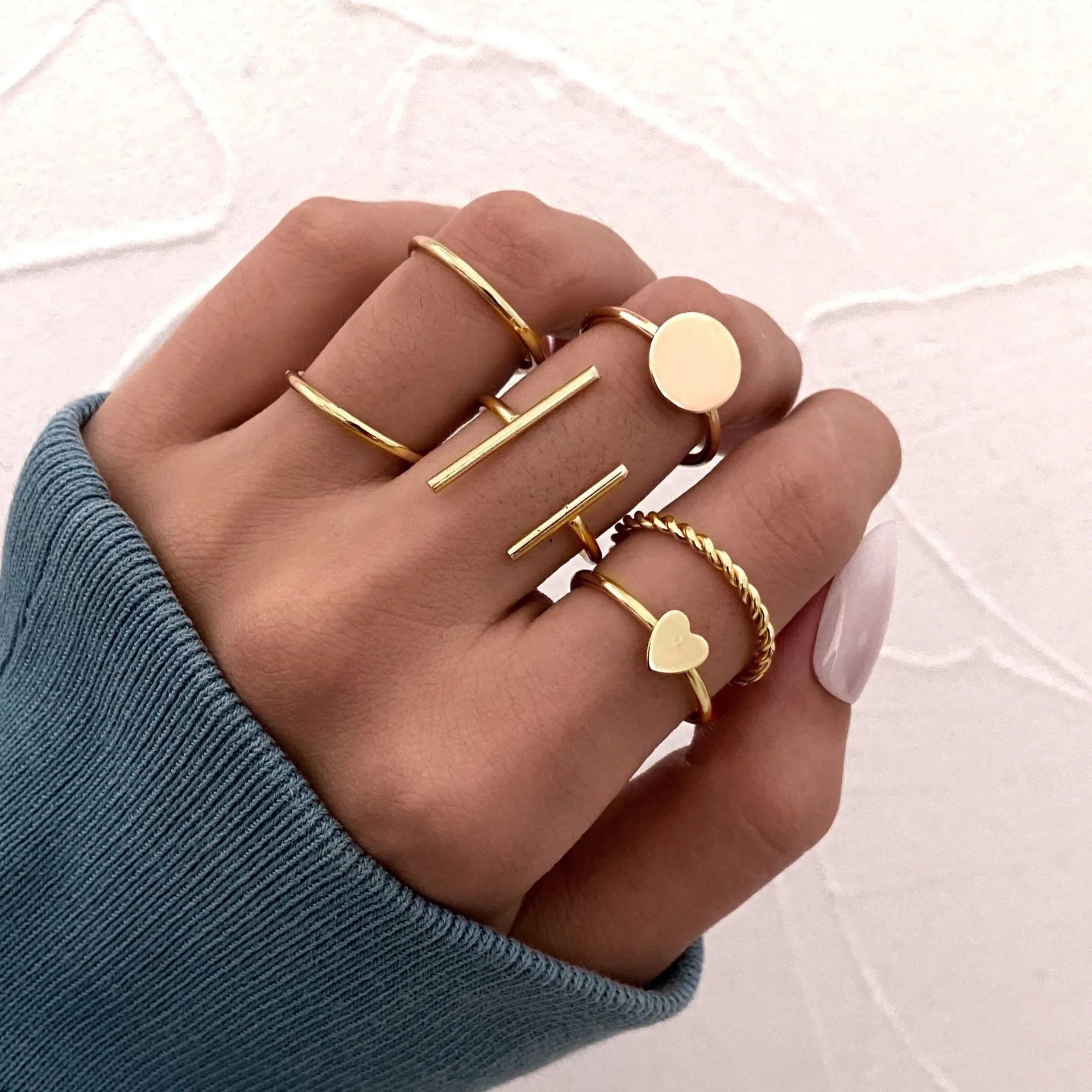 Vintage Korean Gold Silver Color Pearl Rings Set Jewelry For  Girls Butterfly Hollow Heart  Ring For Women Accessories