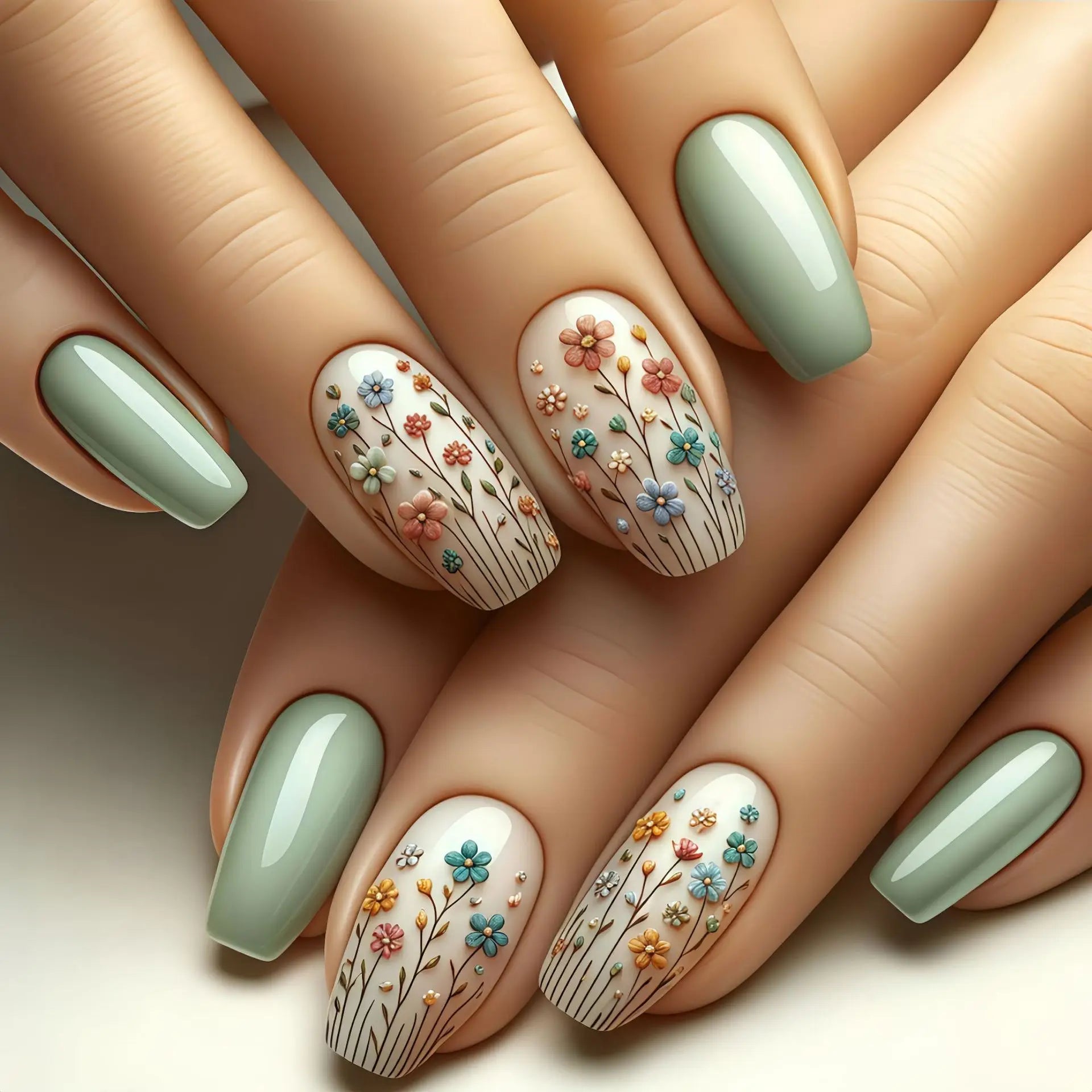 24pcs Mini Flower Press on Nails with Glue Painting Floral Acrylic Fake Nails Spring Design Short Square False Nails for Girls
