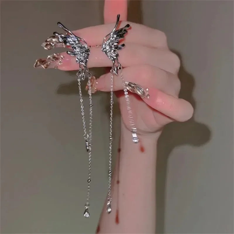 Y2K Fairy Butterfly Tassel Ear Clips Angel Ear Bone Clip Earring Elf Female Hole Cuff Hanging Earring Fashion Jewelry Gift