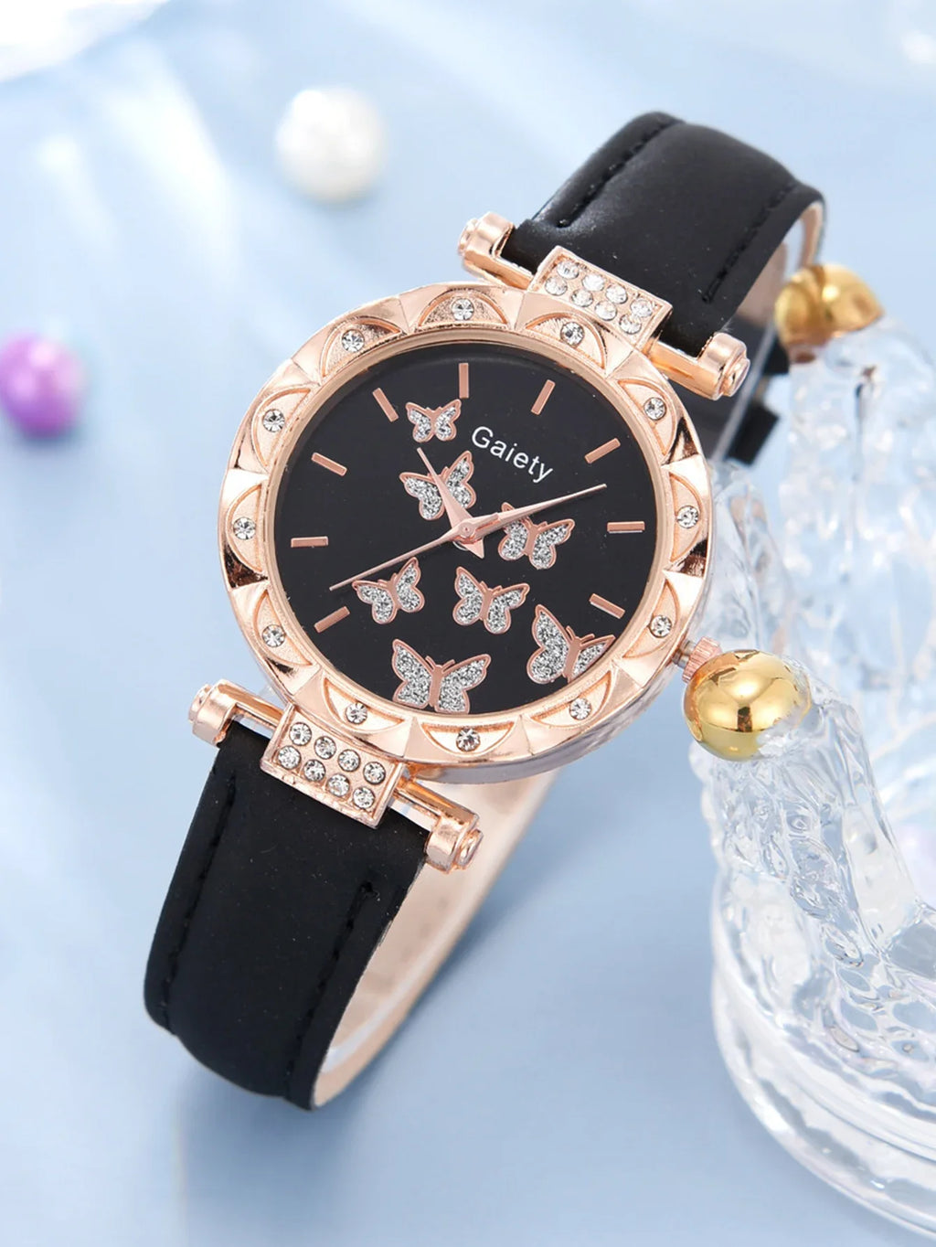 6pcs Luxury Watches Women's Ring Necklace Earrings Bracelet Set Watch Butterfly Leather strap Women's Quartz Watch No case