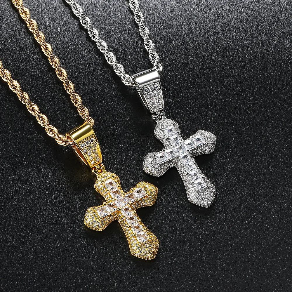 Luxury Inlaid CZ Cross Hiphop Pendant Rope Chain Necklaces for Men Women Punk Personality Rapper Accessory Fashion Neck Jewelry