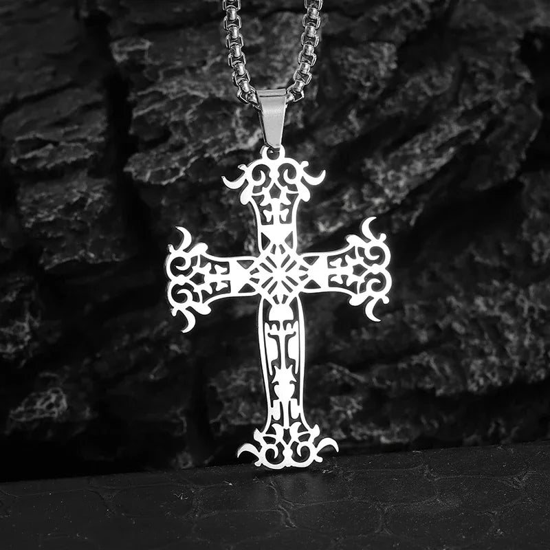 Catholic Jesus Cross Stainless Steel Pendant Necklace for Men Women Vintage Christian Prayer Jewelry