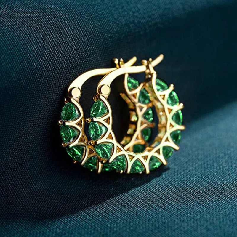Luxury Fashion Full Zircon Shiny Gold Color Stainless Steel Hoop Earrings for Women Exquisite Green Crystal Korea Jewelry Gift