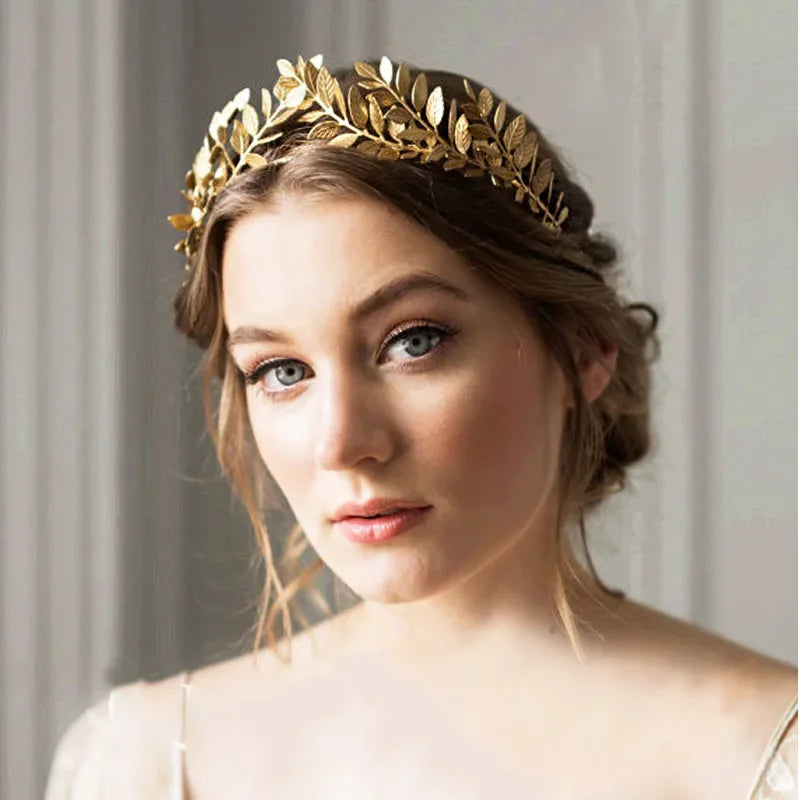 Metal Greek Roman Gold Color Leaf Headbands Bride Wedding Hair Accessories For Women Diadem Crown Tiaras Headpiece Headdress