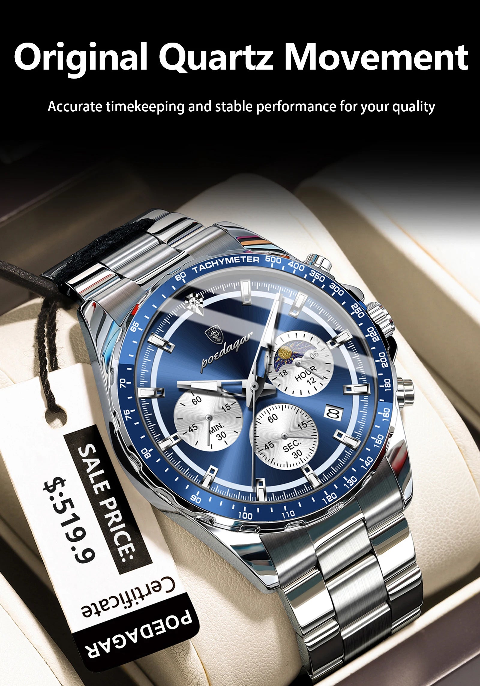 POEDAGAR Luxury Sport Watch For Men Waterproof Luminous Date Chronograph Man Wristwatch Stainless Steel Men's Quartz Watches+Box