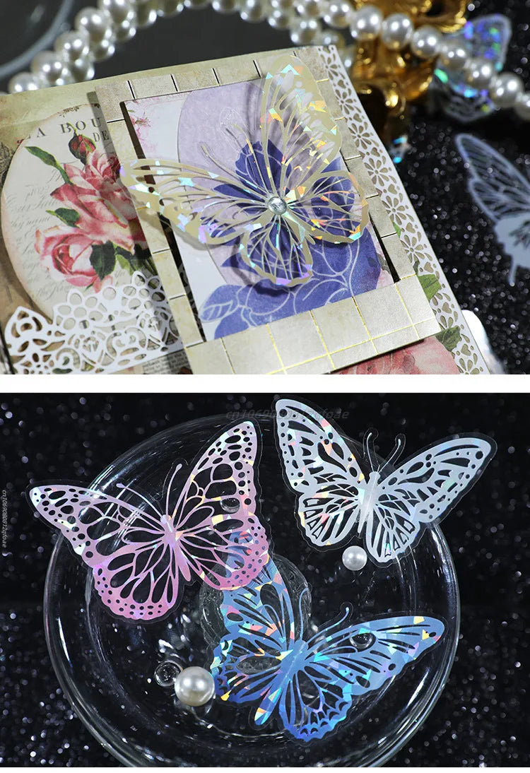 20pcs PET Butterfly Transparent Silver Color Stickers, Holographic Laser Decals for Luggage Laptop Phone Case Mug Decoration
