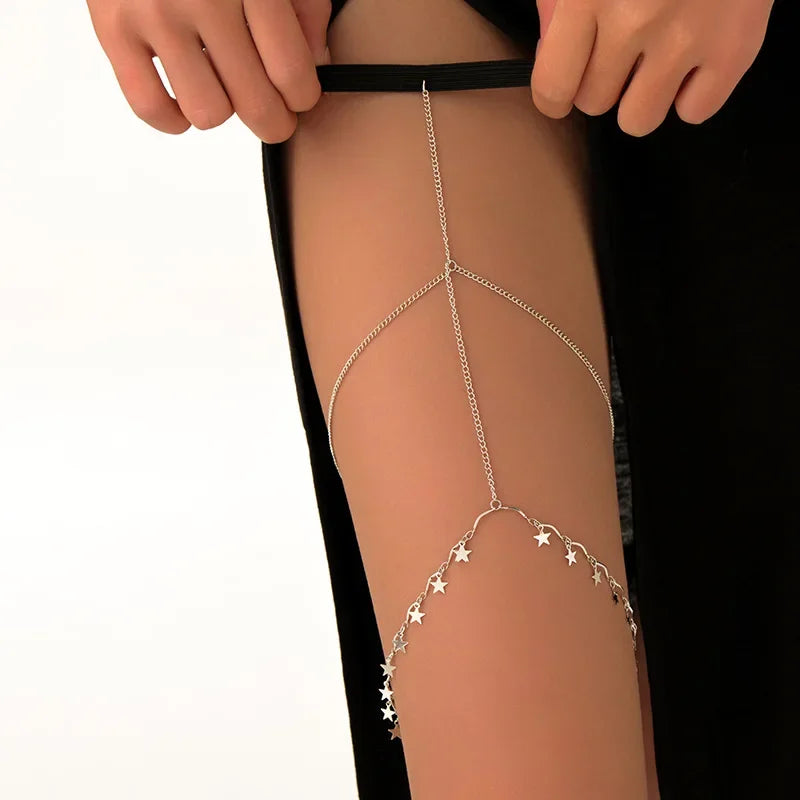 Fashion Summer Bohemian Thigh Chain Simple Sexy Body Chains for Women Double-layer Metal Leg Chain Festival Jewelry Accesorios
