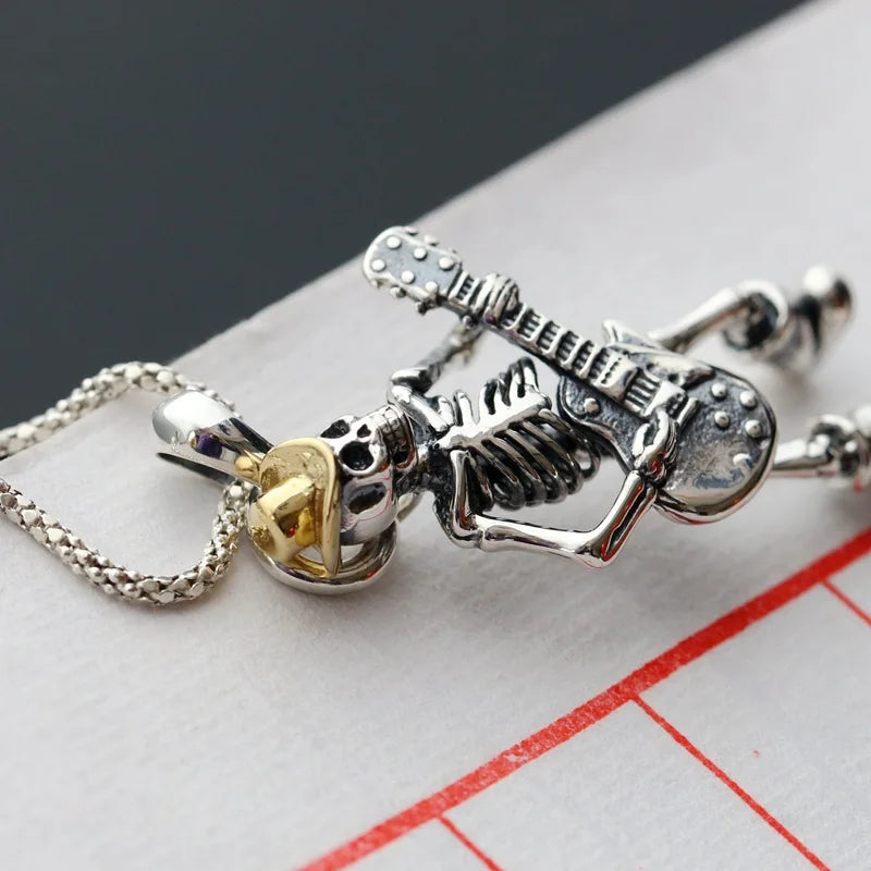 Vintage Skull Playing Guitar Pendant Necklace For Men Fashion Hip Hop Rock Party Stainless Steel Chain Hip-hop Jewelry Gifts