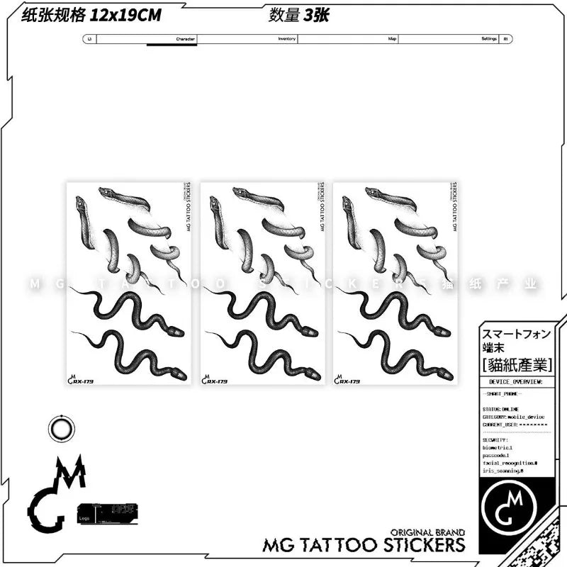 Gothic Snake Fake Tattoo for Woman Man Collarbone Punk Viper Temporary Tattoo Waterproof Black Python Tatoo Stickers Wholesale