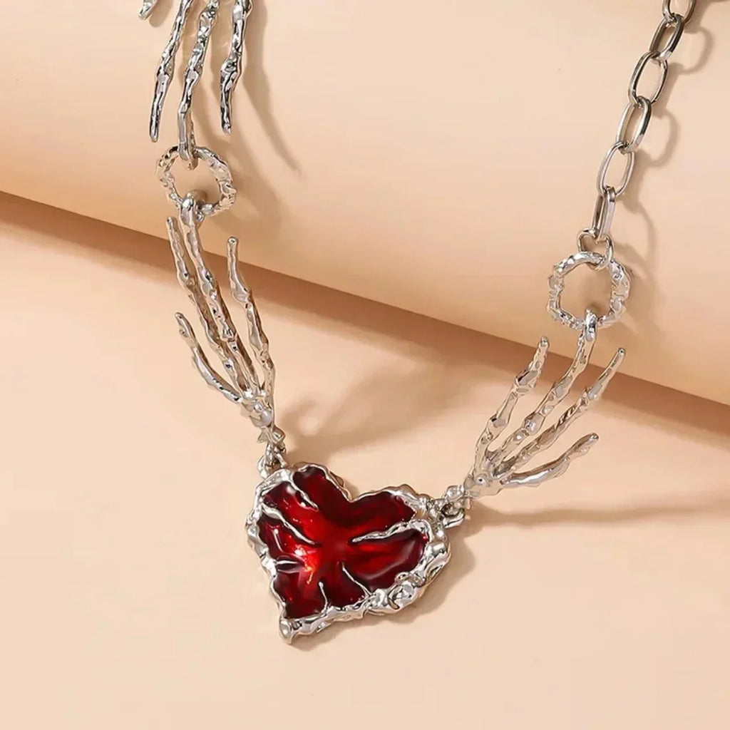New Red Love Heart Pendant Necklace Women Exaggerated Clavicle Chain Niche Design Hand Bone Shape Charm Chain