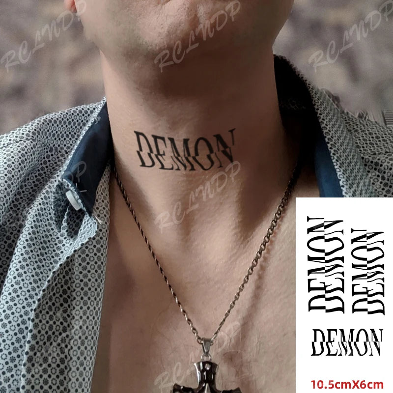 Waterproof Temporary Tattoo Sticker Neck Black Gothic Punk Devil Bull Cross English Letters Flash Tatoo Fake Tatto for Woman Men