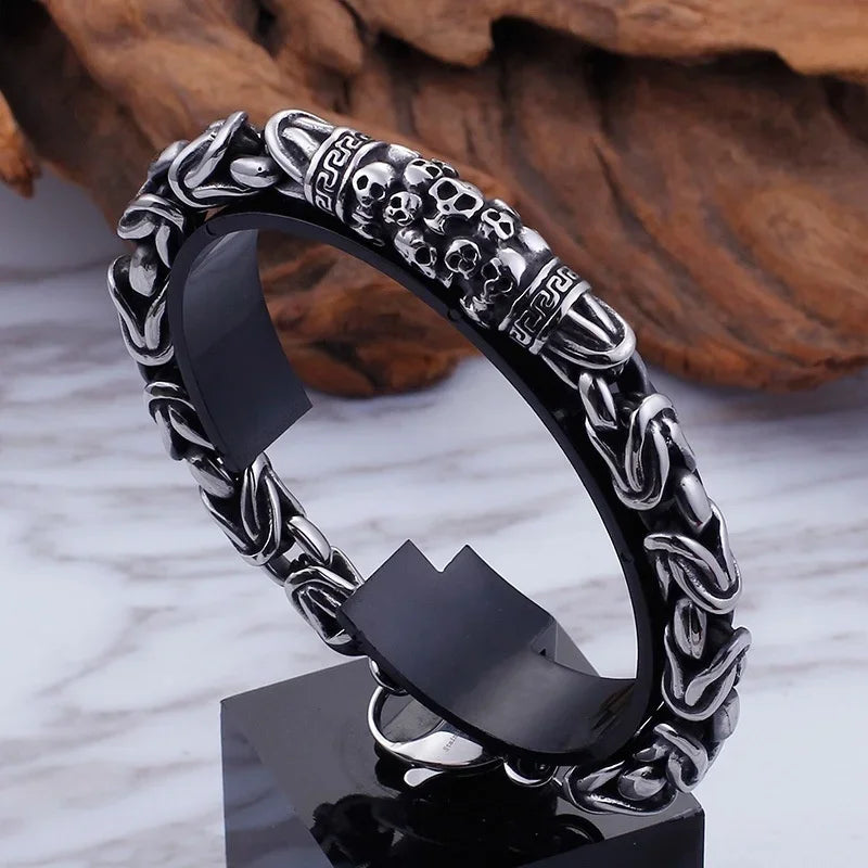 Nordic  Celtic Double Wolf Head Men's Stainless Steel Chain Bracelet Byzantine King Chain Punk Rock Party Jewelry