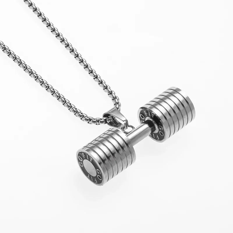 Cool Titanium Steel Dumbbell Pendant Necklace Barbell Fitness Pendant Men and Women Leisure Sports Punk Jewelry