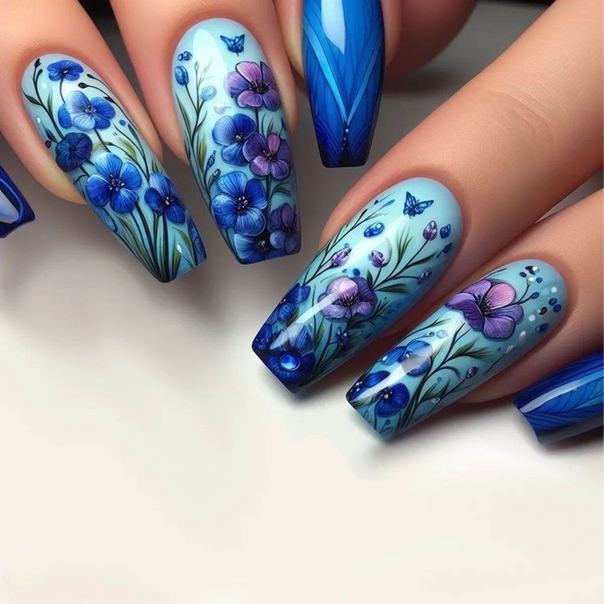 24Pcs Sweet Cool Coffin Fake Nails Butterfly Flower Acrylic Nail Glitter Glossy False Nail Full Cover Autumn Press on Nails Tips
