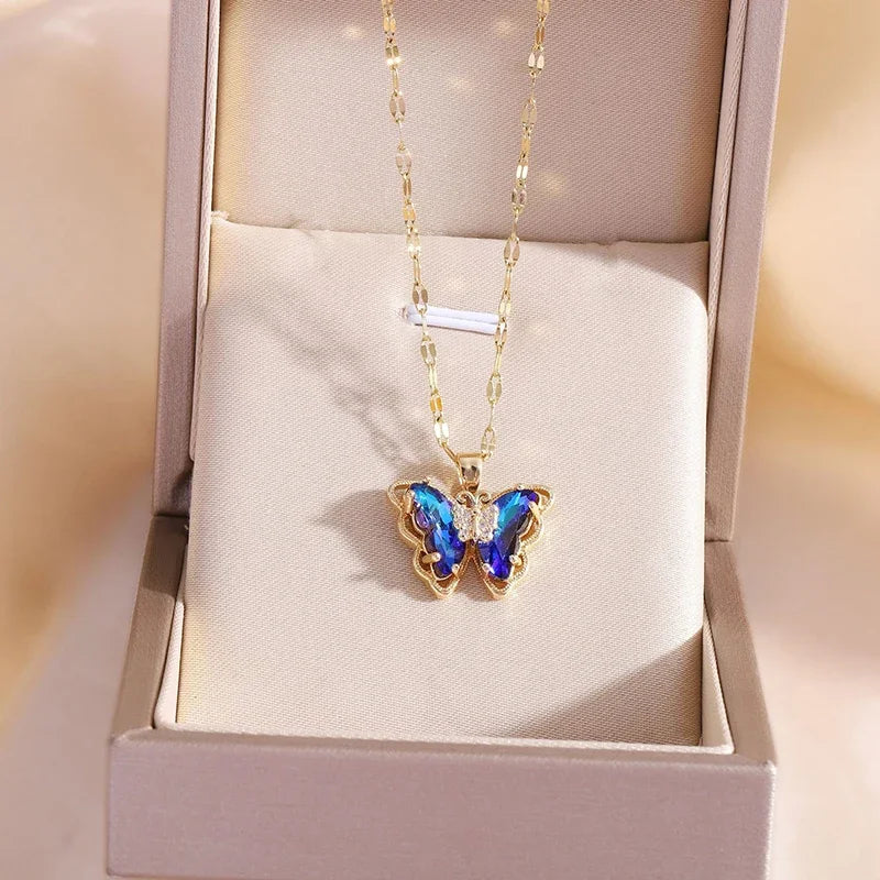 Micro-inlaid Crystal Butterfly Necklace Fashion European American Style Cute Classic Light Luxury Transparent Clavicle Chain